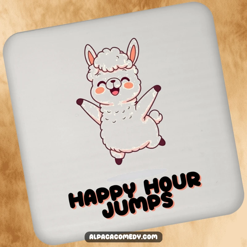 Funny drink coaster featuring an alpaca character joyfully jumping, its wool flying playfully, perfect for adding humor to any table.