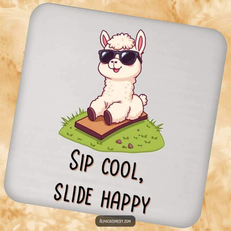 Funny drink coaster featuring a cool alpaca wearing sunglasses, hilariously sliding down a grassy hill, perfect for protecting surfaces.