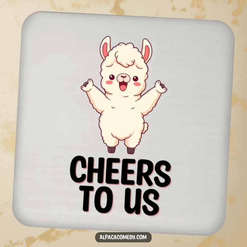 Funny drink coaster showcasing an alpaca character cheering with both front legs raised, perfect for adding a celebratory touch.