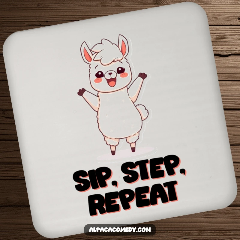 Funny drink coaster art of a happy alpaca character joyfully dancing with its fluffy mane flowing, protecting surfaces with style.