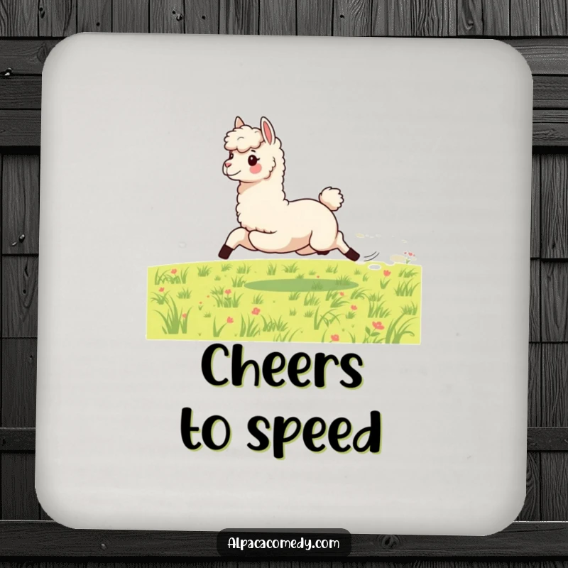 Funny drink coaster showing an energetic alpaca galloping with speed across a meadow, bringing a touch of dynamic fun to any table.