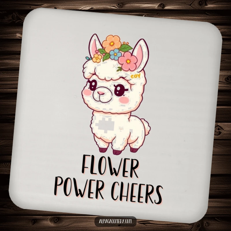 Funny drink coaster featuring a playful alpaca wearing a flower crown, offering surface protection with cute floral humor.
