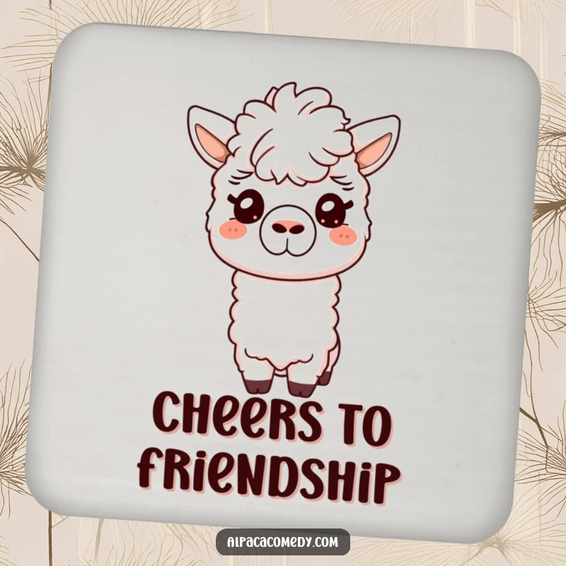 Funny drink coaster showing a friendly alpaca giving a gentle nuzzle with its snout, bringing a touch of warmth and care to any table.