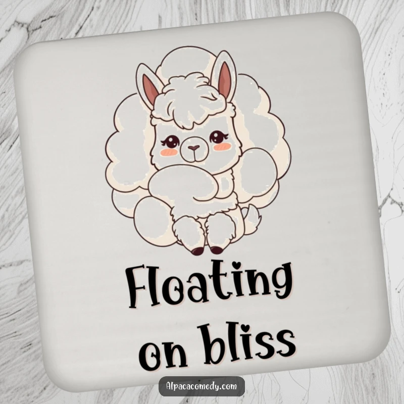Funny Kawaii alpaca drink coasters, showing an alpaca curiously nuzzling a fluffy cloud, gentle expression adding charm and surface protection.