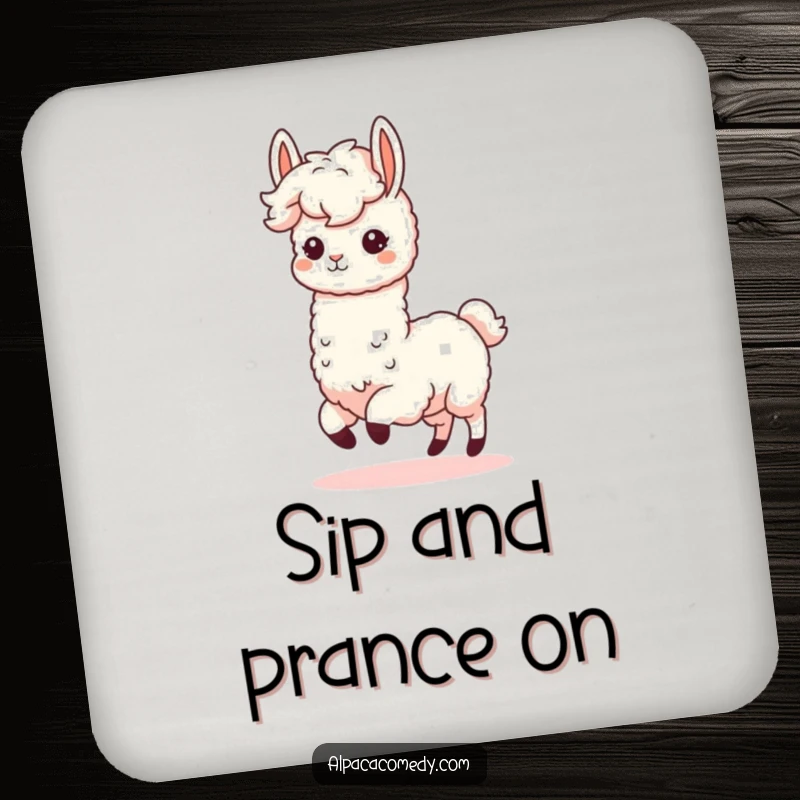 Funny Kawaii Alpaca Coaster depicting a fluffy-maned alpaca prancing joyfully, protecting surfaces with a touch of humor.