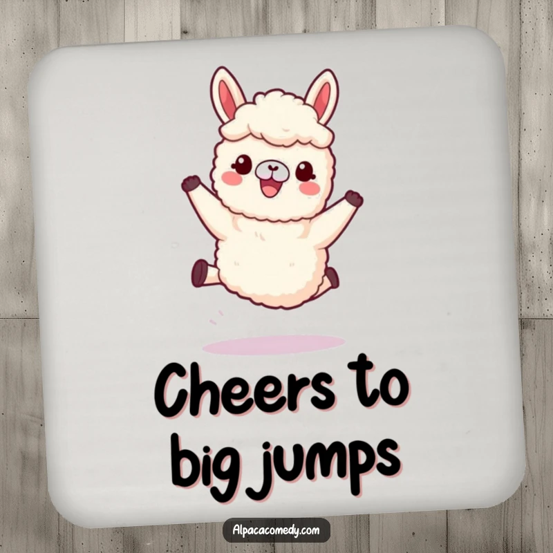 Funny Kawaii Alpaca Drink Coaster featuring an alpaca joyfully leaping with soft, woolly legs, protecting tabletops with style and humor.