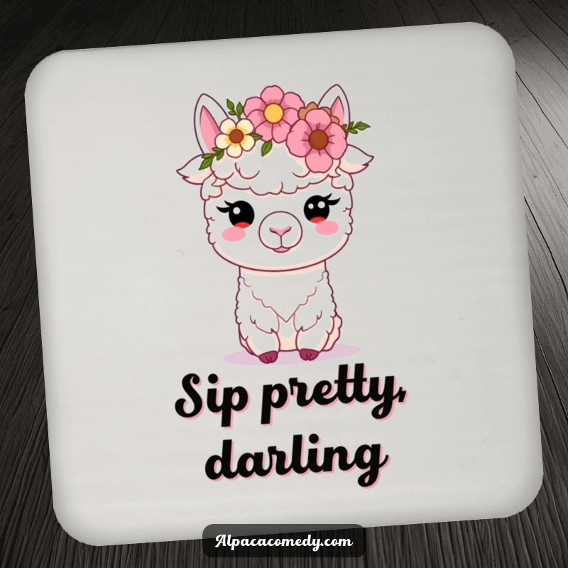 Funny Kawaii alpaca drink coasters, showcasing an alpaca with a flower crown and soft eyes, adding a gentle, protective touch to surfaces.
