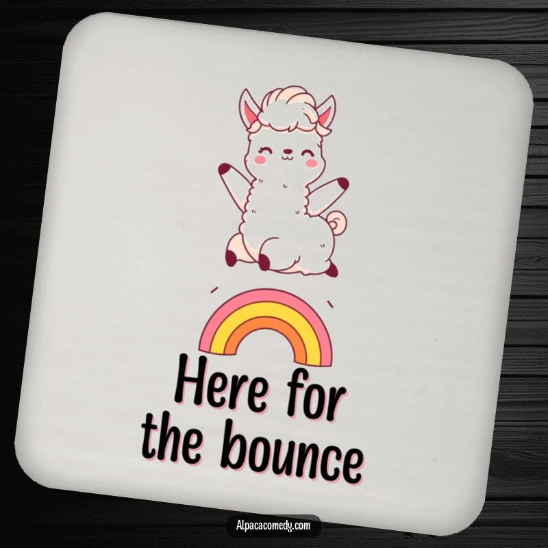 Funny Kawaii alpaca drink coasters, showing an alpaca mid-leap over a rainbow, adding a whimsical and protective element to tables.