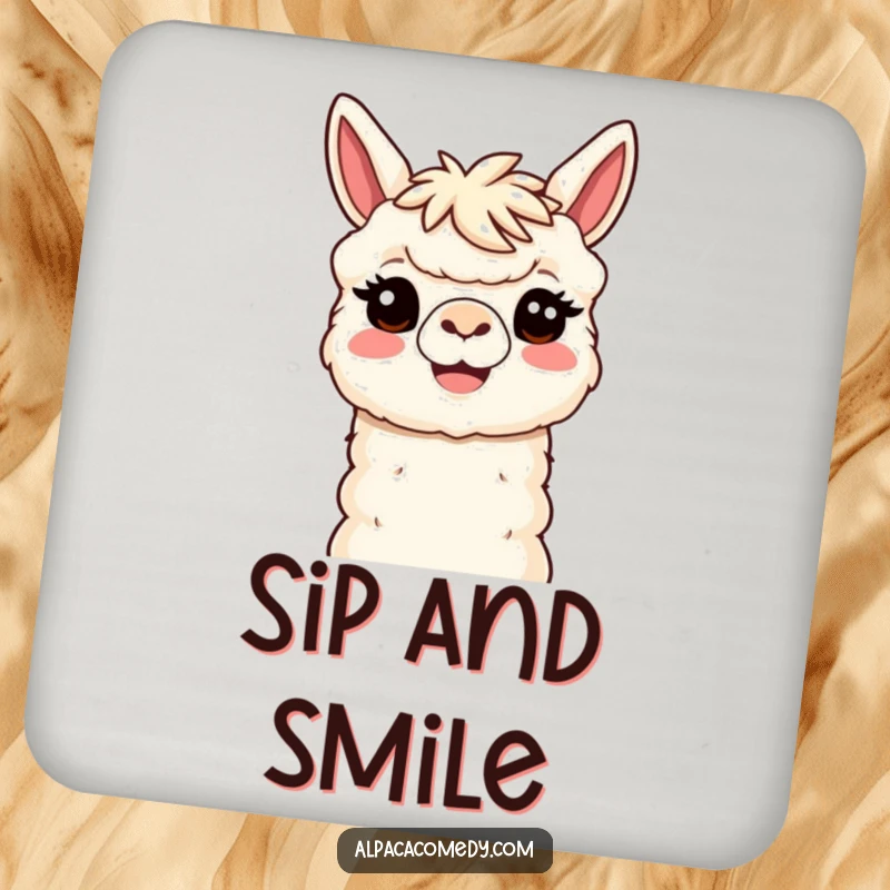 Funny Kawaii Alpaca Coaster depicting a smiling alpaca with a welcoming head tilt, adding humorous protection to drink surfaces.