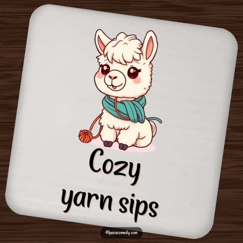 Funny drink coaster featuring a kawaii alpaca humorously tangled in yarn while grazing, perfect for adding cute decor.