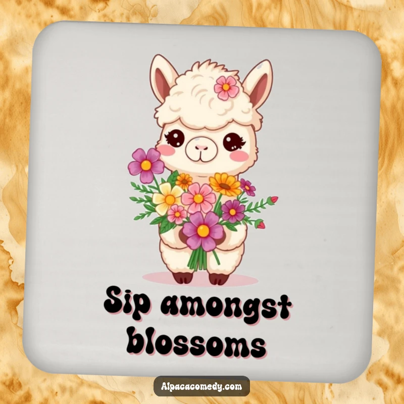 Funny smiling alpaca proudly holding a bouquet of vibrant flowers, featured on a set of drink coasters for humorous protection.