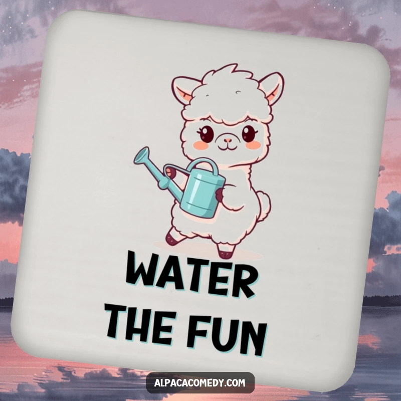Funny drink coaster showcasing a grinning alpaca character carrying a tiny watering can, perfect for adding a nurturing touch.