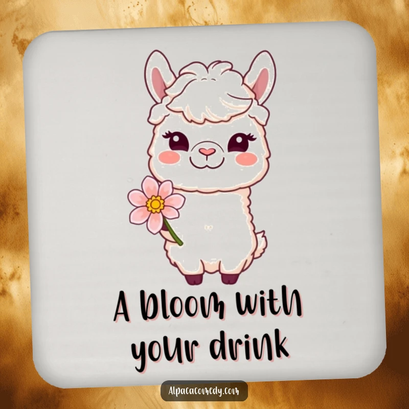 Funny drink coaster art of a winking alpaca character offering a bloom with a gentle smile, guarding your beverage with sweetness.