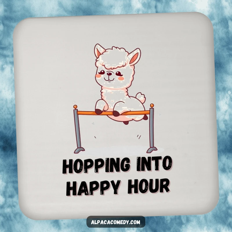 Funny Alpaca Coasters: An alpaca performing an excited, funny leap over a low hurdle, ready for action.