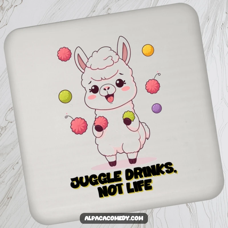 Funny drink coaster art of a giggling alpaca character juggling colorful pompoms with its hooves, guarding your beverage with skill.