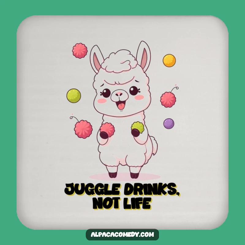 Funny Juggling Alpaca Coaster: Giggling Character, Colorful Pompoms, Novelty Gift