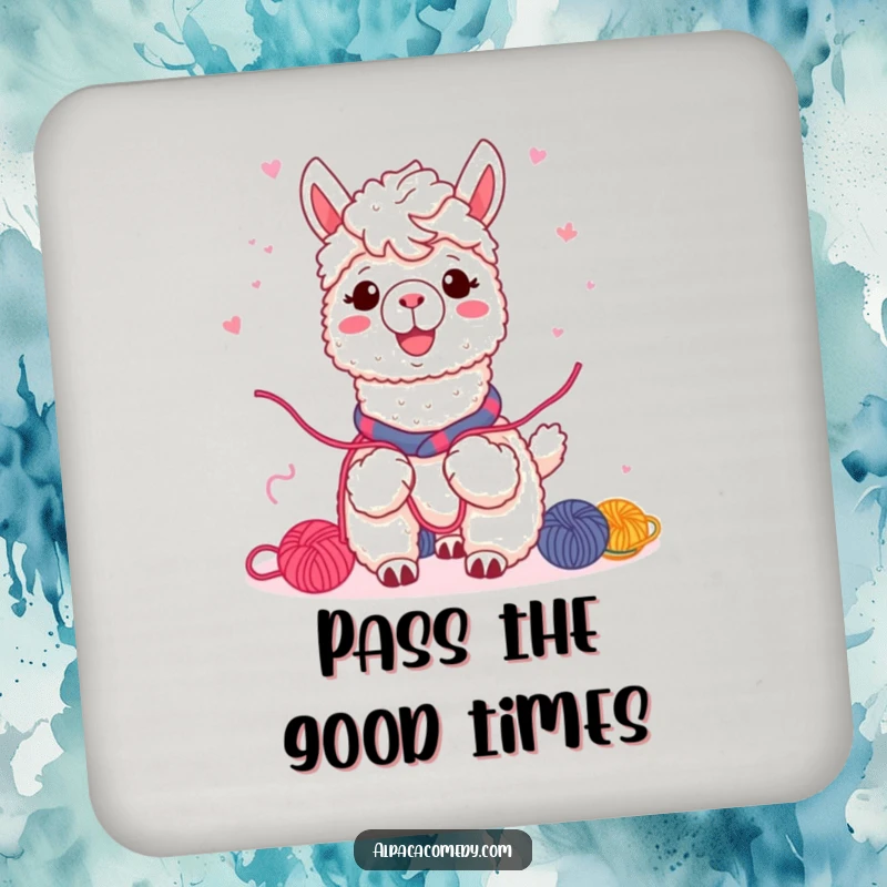 Funny Kawaii alpaca drink coasters, showing friends sharing yarn with warm smiles, adding a charming and protective element to tables.
