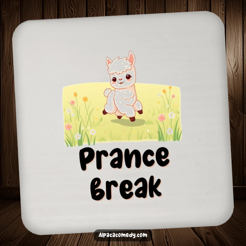 Funny drink coaster featuring a happy baby alpaca prancing through a meadow, offering surface protection with cute humor.
