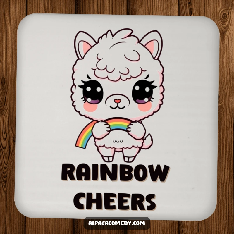 Funny drink coaster featuring a curious alpaca holding a rainbow, offering surface protection with magical humor.