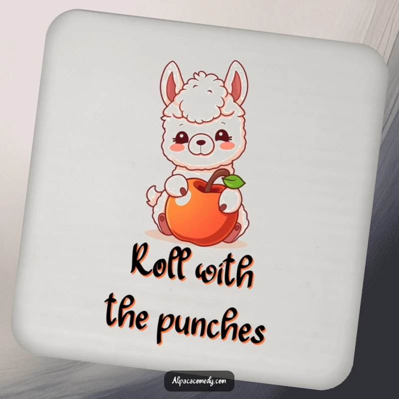 Funny drink coaster showcasing an alpaca character playfully nudging a rolling apple, adding a touch of gentle curiosity to any table.