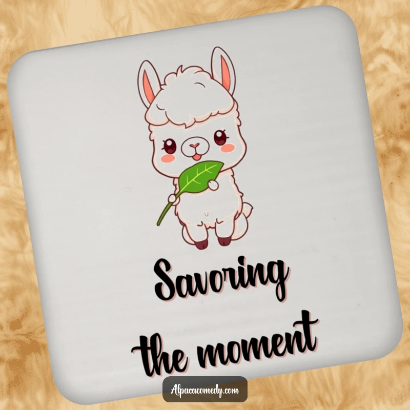 Funny Alpaca Coasters: An alpaca contentedly munching on a leaf, showing a funny and happy expression.