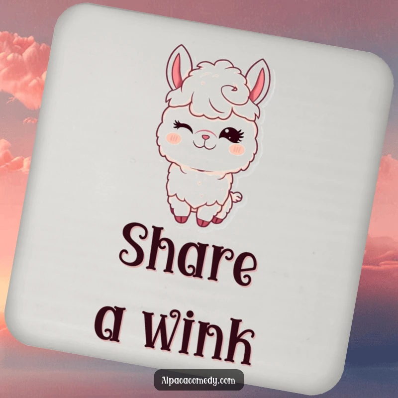Funny Kawaii Alpaca Drink Coaster featuring a cute alpaca winking with long eyelashes, protecting tabletops with style and humor.