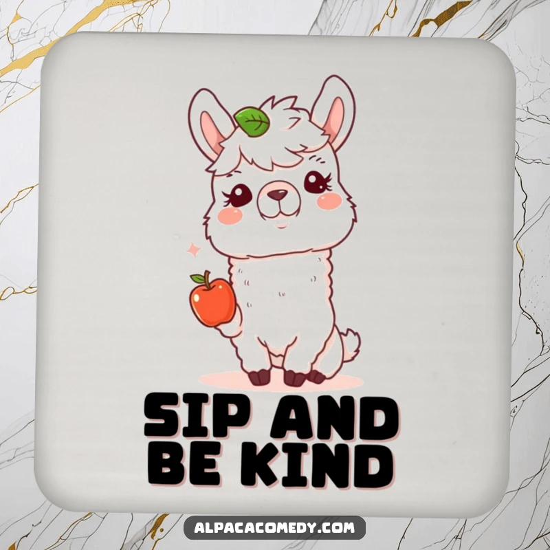 Funny Alpaca Coaster: A happy alpaca offers a tiny apple with a kind expression, adding sweet charm and surface protection.