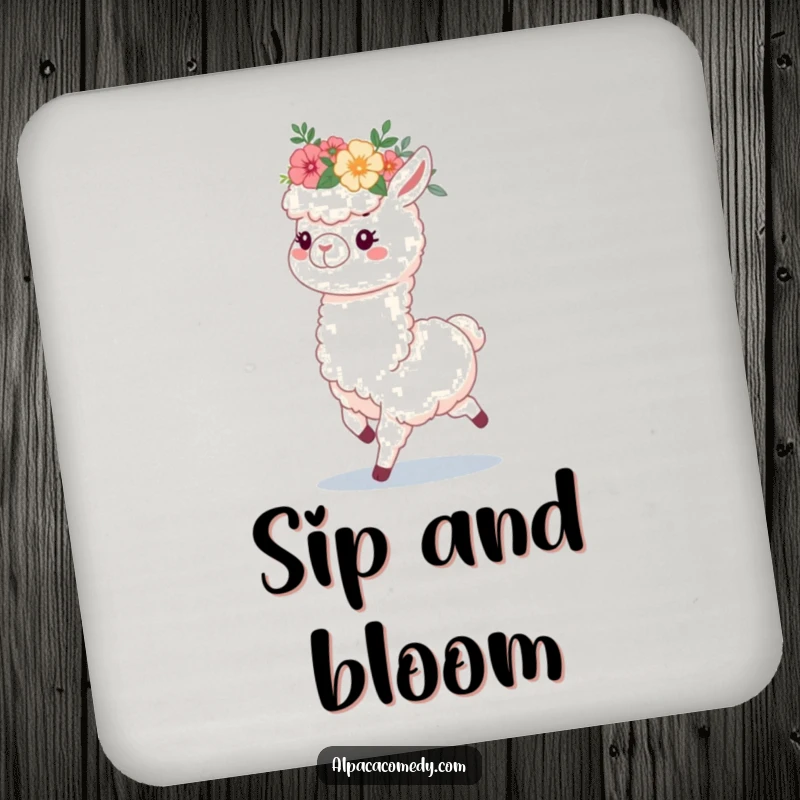 Funny drink coaster showcasing a fluffy alpaca in a flower crown, prancing happily, adding a touch of charm to any table.