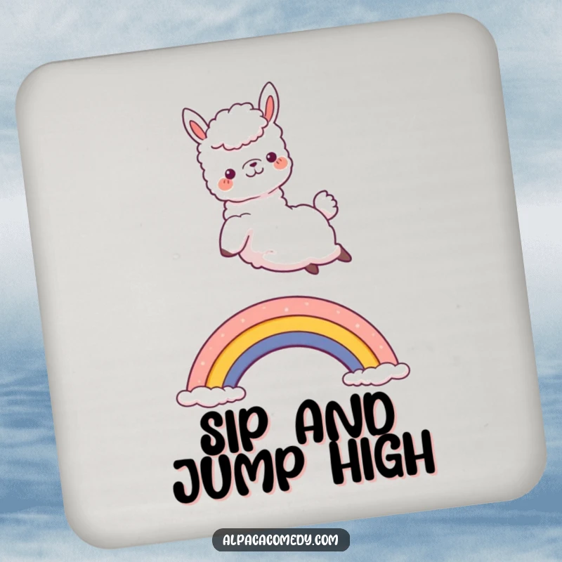 Funny Kawaii Alpaca Coaster depicting a joyful alpaca jumping over a rainbow, adding humorous protection to drink surfaces.