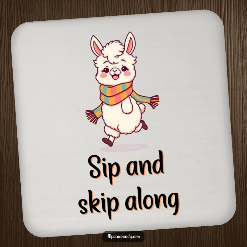 Funny drink coaster art of a playful alpaca character in a colorful scarf, skipping with pure glee, guarding your beverage.