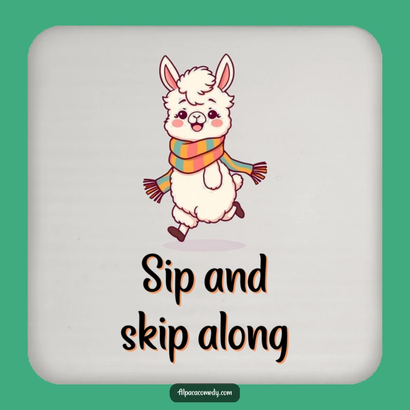 Funny Skipping Alpaca Coaster: Playful Character with Scarf, Novelty Gift
