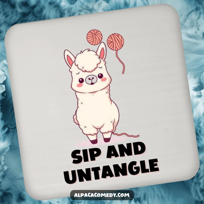 Funny Kawaii Alpaca Coaster depicting a playful alpaca tossing yarn, adding humorous protection to drink surfaces.