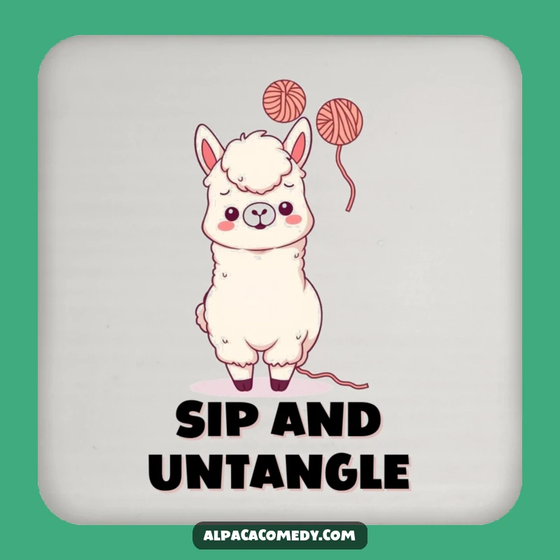 Funny Kawaii Alpaca Yarn Toss Coaster - Playful Protection, Cute Humorous Decor