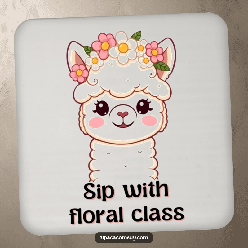 Funny Coaster: Cute kawaii alpaca with soft eyes and a flower crown, protecting surfaces with gentle, floral charm.