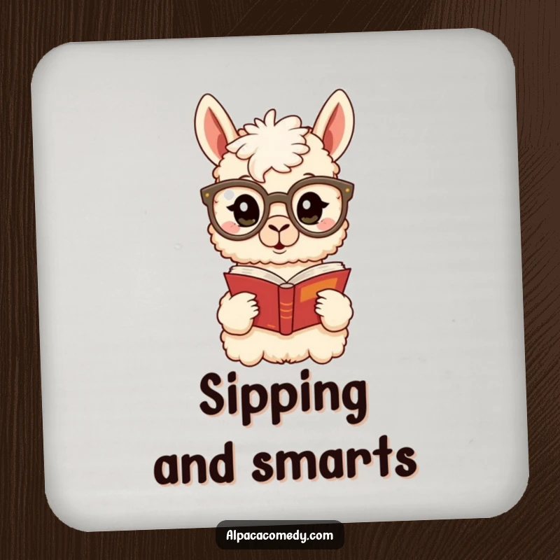 Funny Alpaca Coaster: A surprised alpaca wearing glasses reads a book, adding intellectual charm and surface protection.