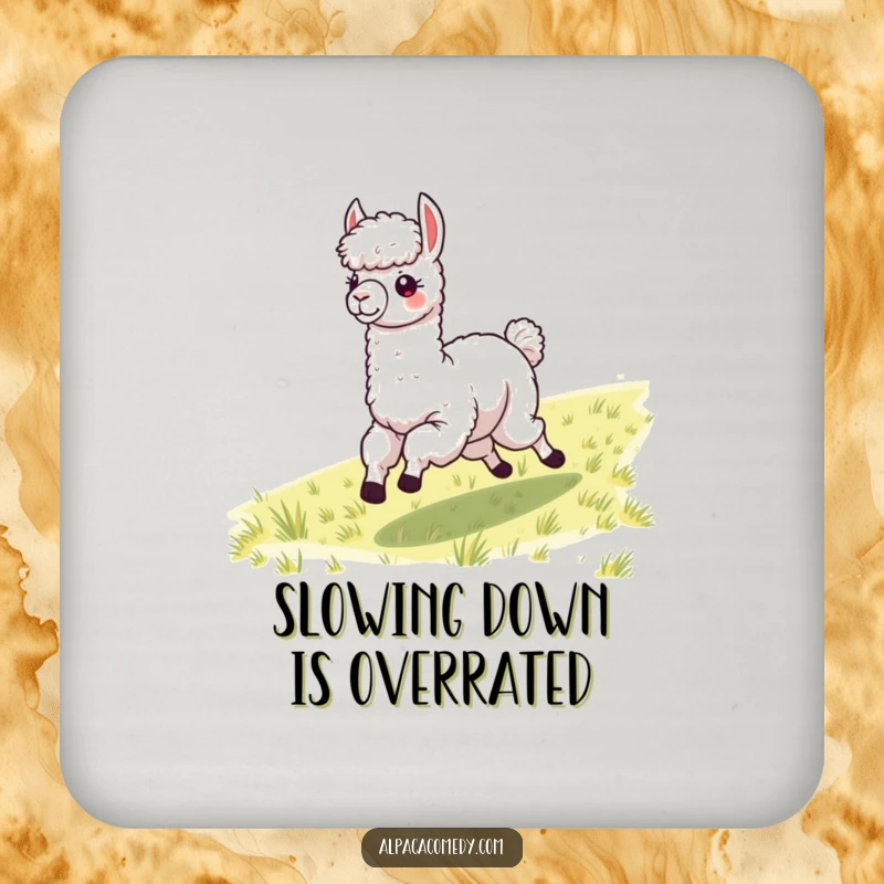 Funny alpaca joyfully galloping with windblown fleece, featured on a set of drink coasters for humorous surface protection.