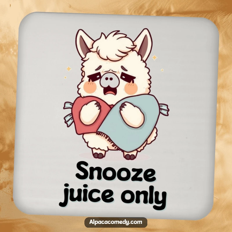 Funny drink coaster featuring a tired alpaca yawning widely while holding a cozy blanket, adding a touch of humorous comfort to any table.