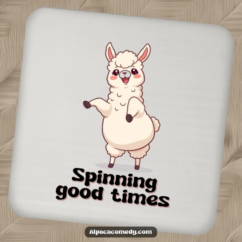 Funny Alpaca Coasters: A cheerful alpaca performing a cartwheel with legs kicking joyfully upwards, protecting surfaces with humor.