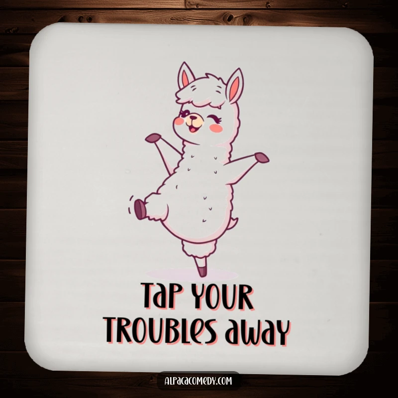 Funny drink coaster with a happy alpaca character dancing, hooves tapping, protecting surfaces with a dose of rhythmic joy.