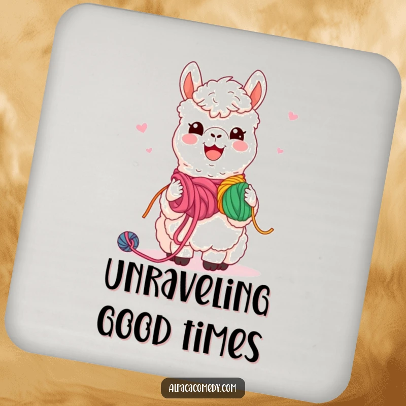 Funny Coaster: Cute kawaii alpaca sharing colorful yarn, protecting surfaces with adorable, friendship-themed flair.