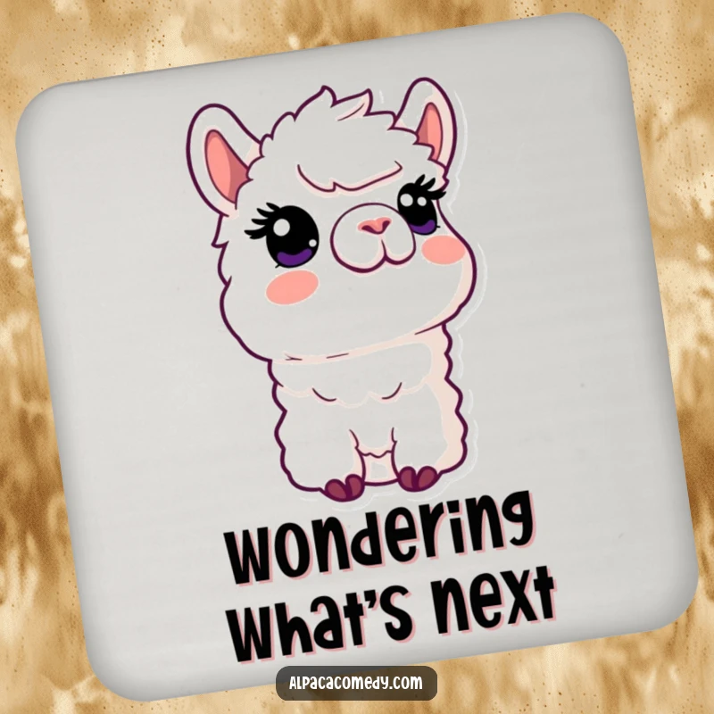 Funny Kawaii Alpaca Drink Coaster featuring an alpaca with a curious expression looking upwards, protecting tabletops with style and humor.