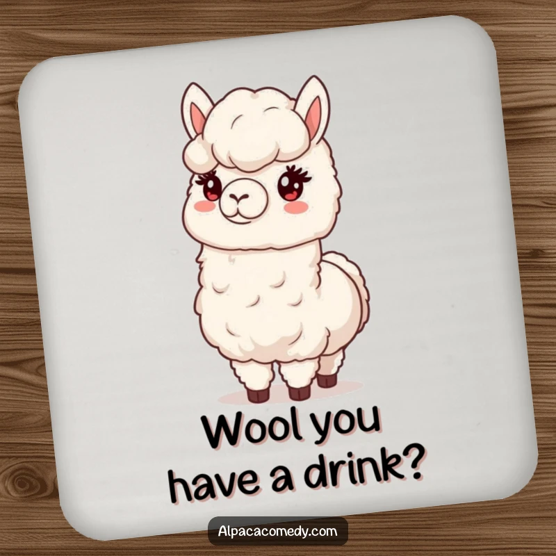 Funny drink coaster featuring a kind alpaca offering a fluffy bunch of its soft wool, perfect for protecting surfaces.