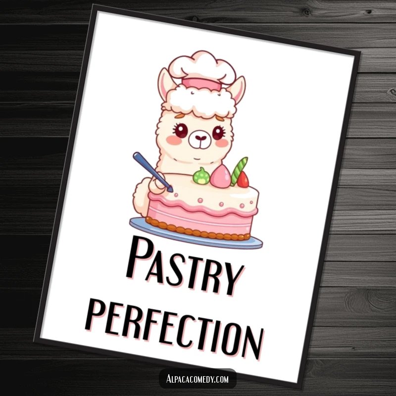 Funny poster depicting an adorable alpaca in a chef hat skillfully decorating a multi-layered pastel cake with intricate frosting details.