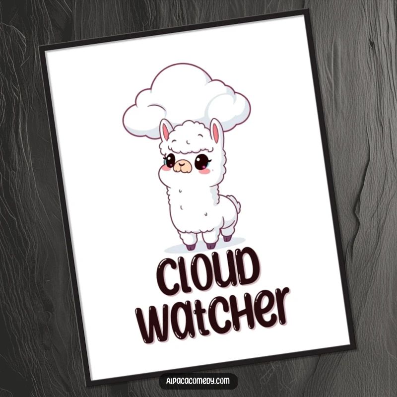 Funny poster capturing a curious alpaca character intently observing a soft, floating cloud against a serene backdrop, sparking imagination.