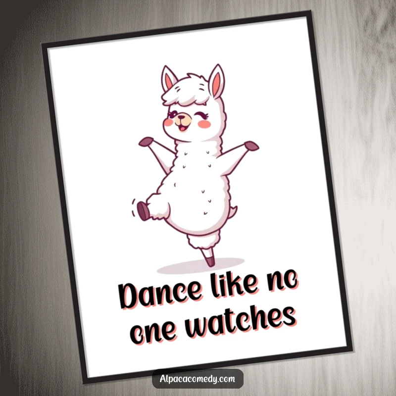 Funny poster displaying a euphoric alpaca character dancing with abandon, hooves tapping, embodying pure happiness and rhythmic celebration.