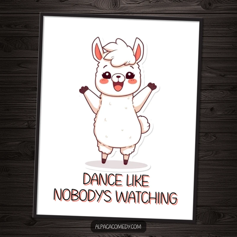 Funny poster of a happy alpaca character joyfully dancing, its fluffy mane dramatically in the air, capturing a moment of pure elation.