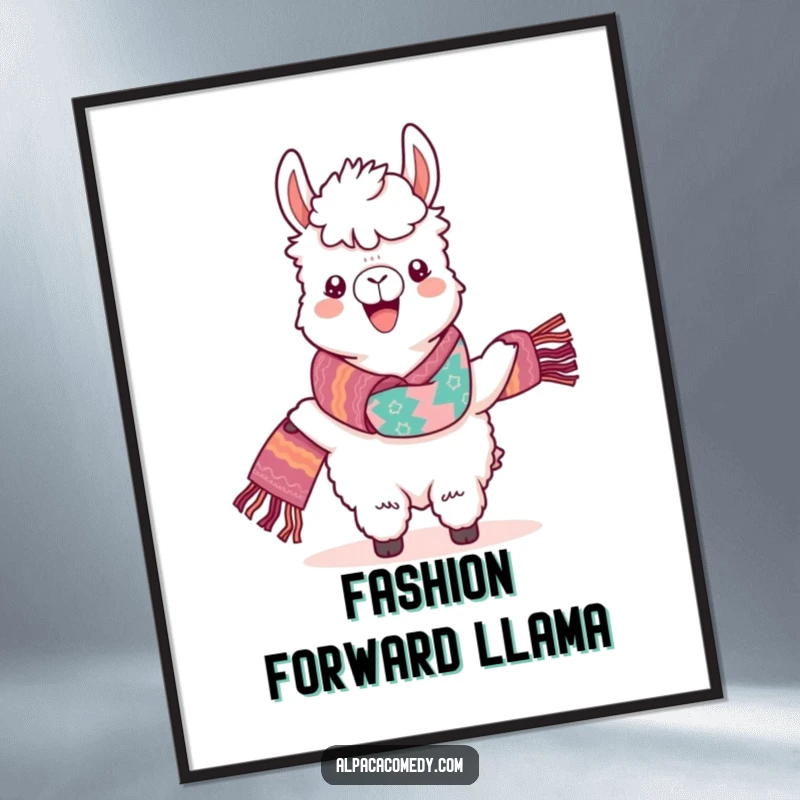 Funny Kawaii Alpaca Poster, illustrating a cute alpaca with a vibrant scarf, exuding confidence and fashion.