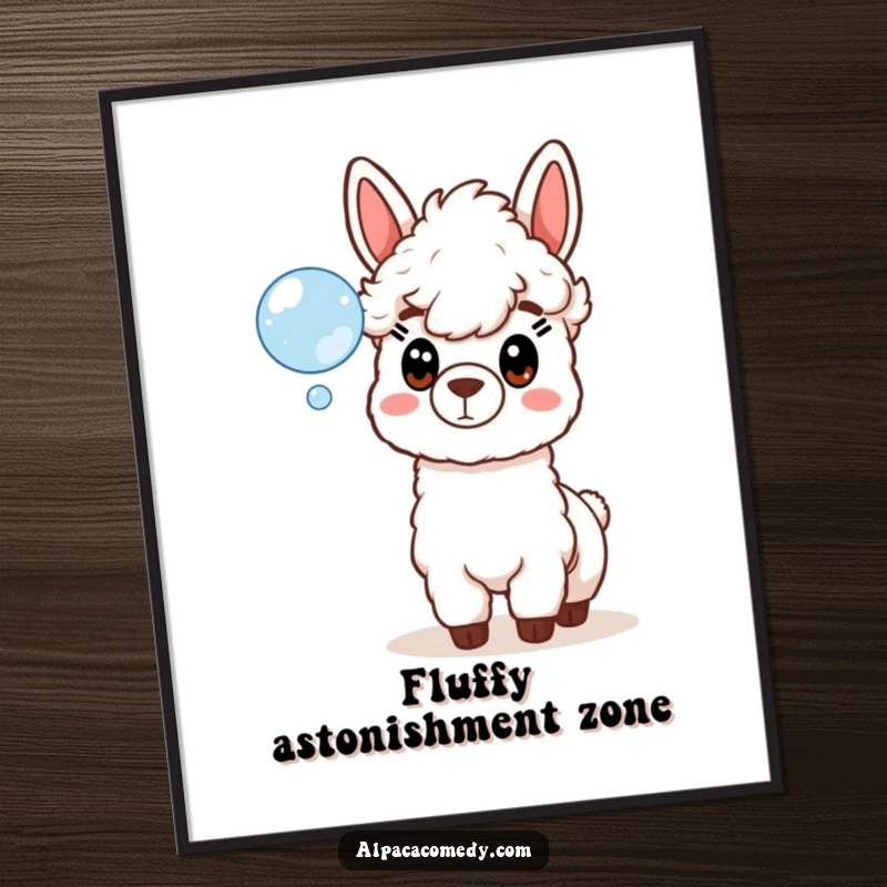Funny poster capturing a whimsical alpaca in a state of utter surprise as it gazes at a delicate, iridescent soap bubble.