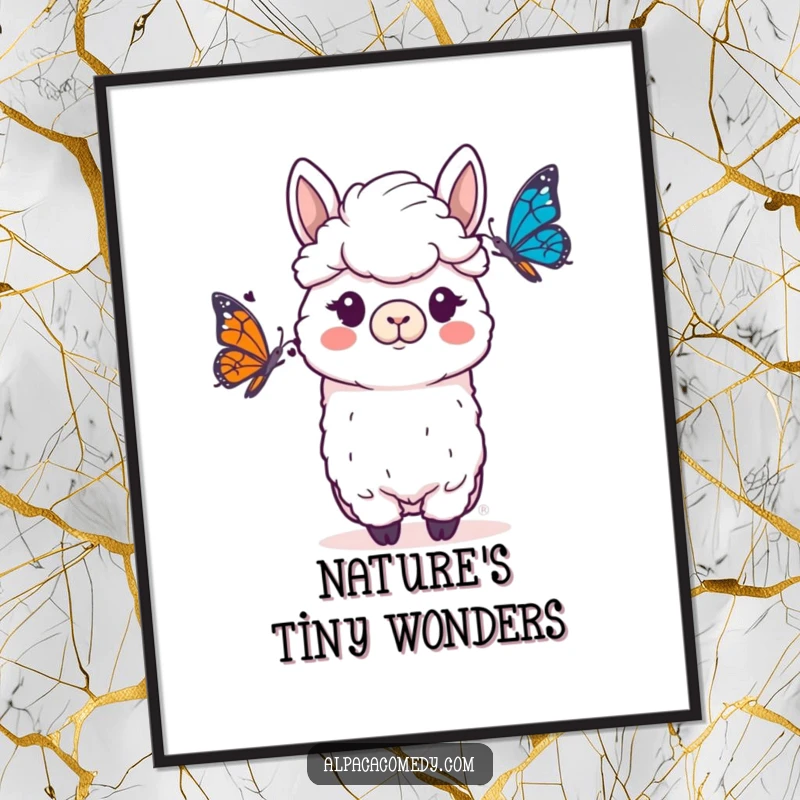Funny Alpaca Poster: A whimsical alpaca character showing a funny, surprised reaction to a fluttering butterfly.