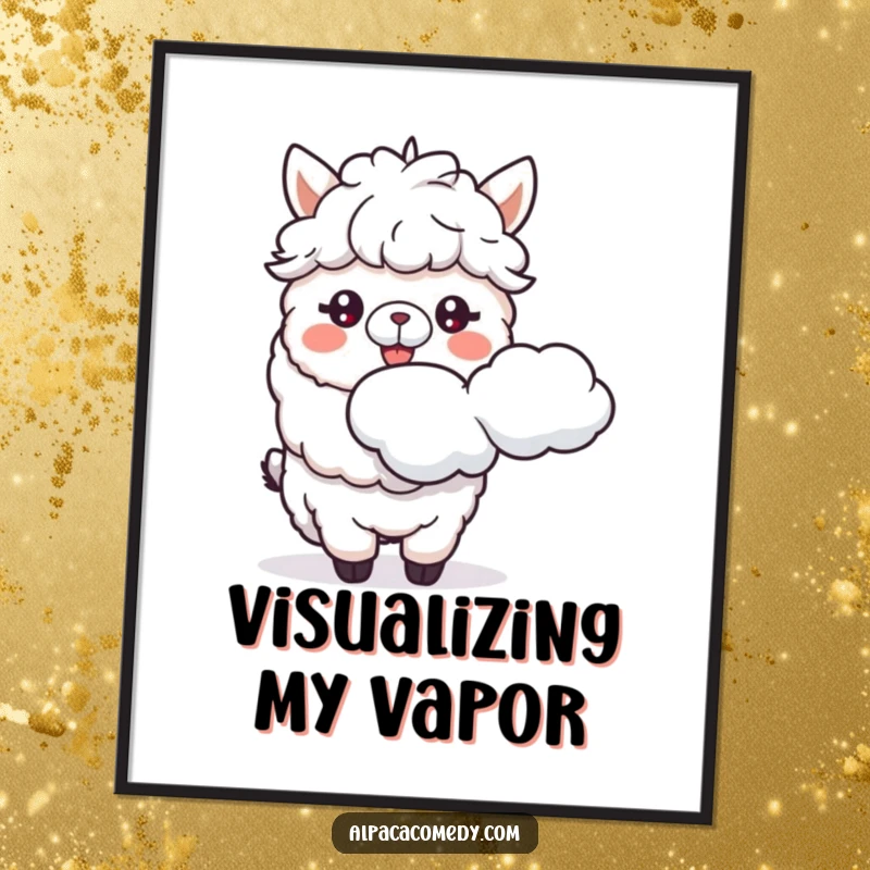 Funny poster displaying a joyful alpaca spitting a fluffy cloud, bringing whimsical art and humor to any wall space.